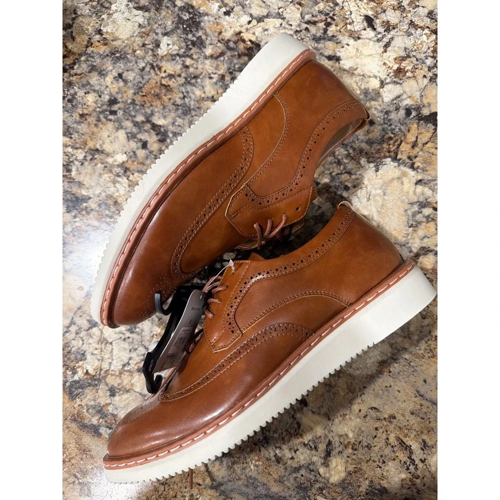 George Mens Wingtip Brogue Oxford Shoes Cognac Brown Memory Foam Wedge Sole 8